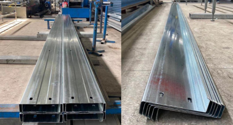 Finished metal purlins produced by a PLC adjustment CZ purlin making machine, shown in two views: stacked and single profile, inside a factory setting.